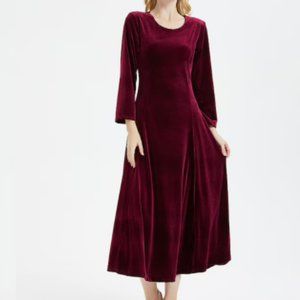 Les Amis Made In USA Burgundy Velvet Long Sleeve Fit & Flare Large Midi Dress